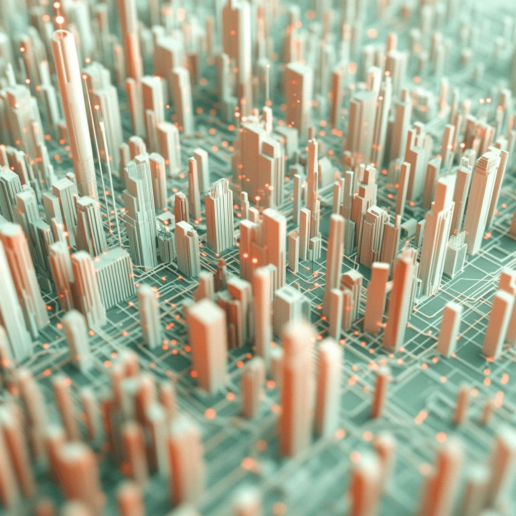 Futuristic cityscape with data overlays